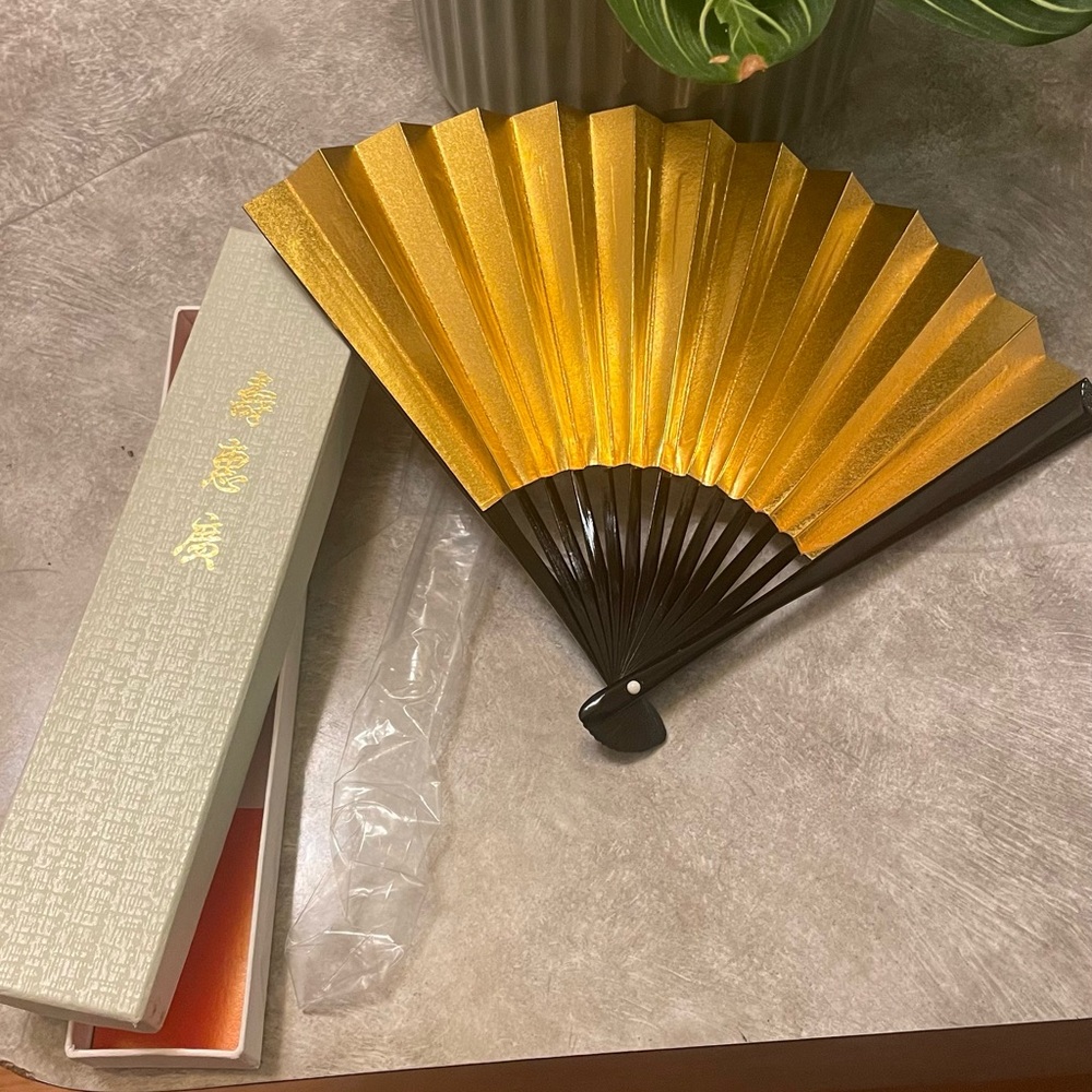Vintage Odori Fan Sensu Gold Silver Metallic flip folding new in box Japanese